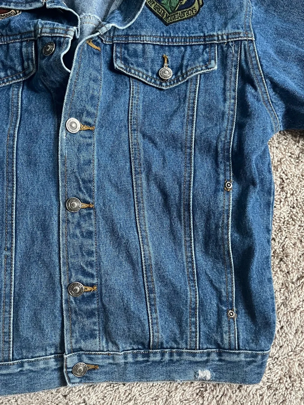 Men's Blue Denim Jacket with Embroidered Chest Patches